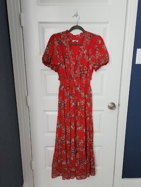 Max Studio Red Floral Maxi Dress with Ruffle Trim Size Medium